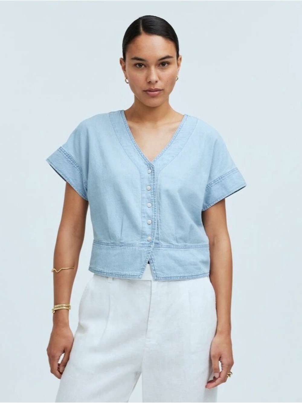 NWT Madewell Pleated Short-Sleeve Top In Doral Wash